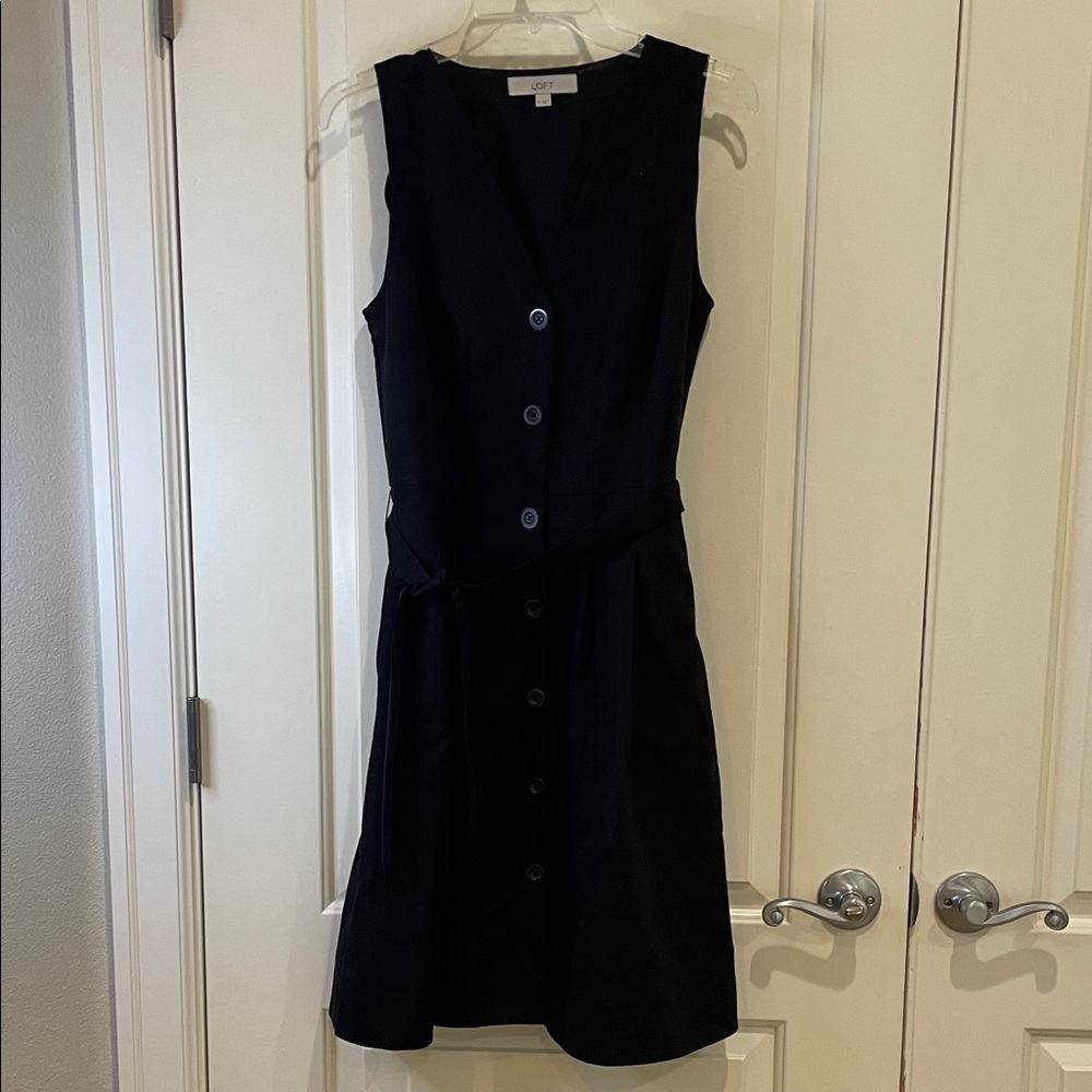 LOFT Black Button-Front Flared Midi Dress